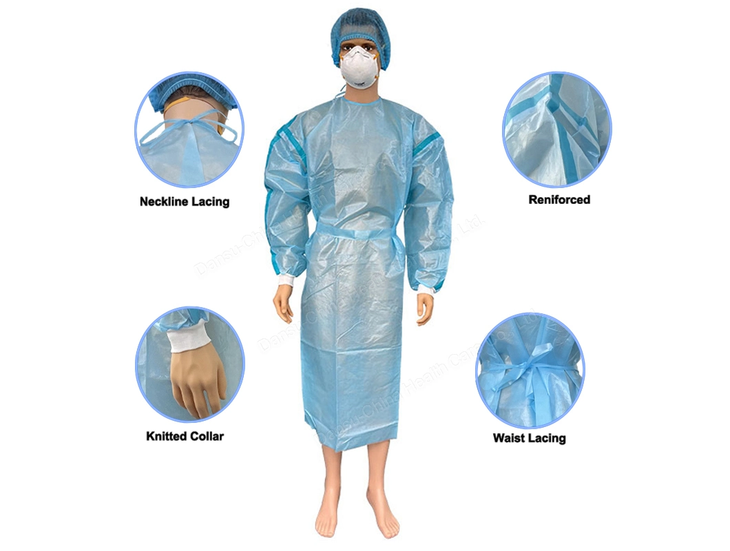 Disposable Waterproof PP PE Isolation Gown One Use Medical Nonwoven Level 4 Plastic Hospital Gown with Tape