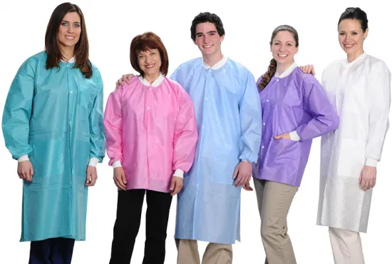 SJ Disposable Clothing Blue Pink SMS Breathable Fluid Resistant Lab Coat with Pockets Knitted Collar and Cuffs
